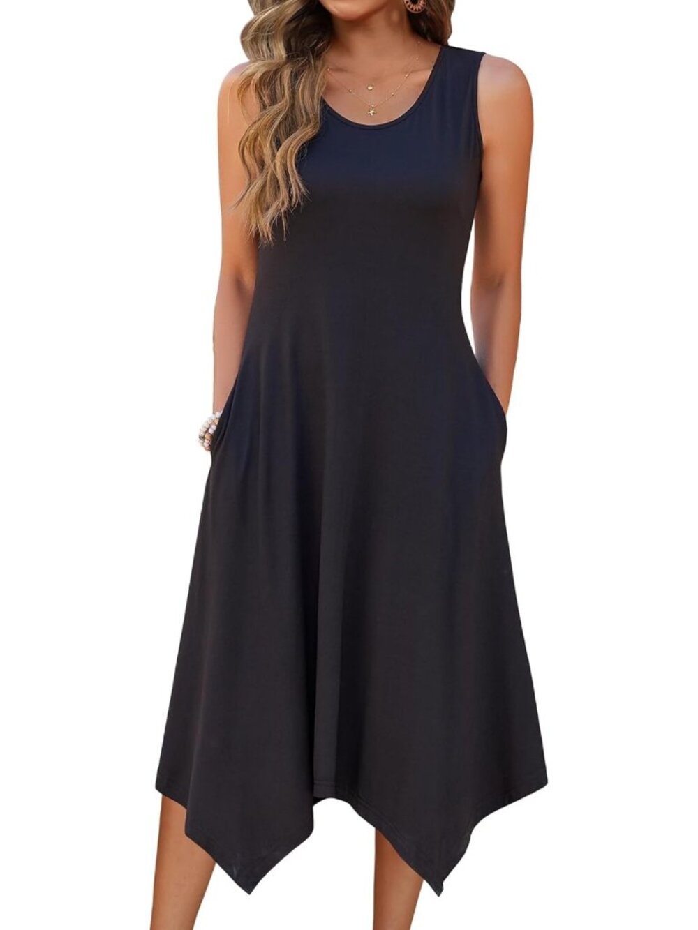 🆕Women's Solid Black Summer Tank Dress Loose Flowy Beach Dress Flare Midi Dress